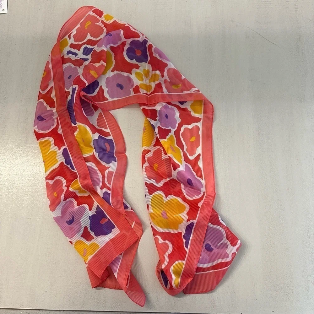 Women’s Pink, Purple, Gold & White Colorful Silk Chiffon Floral Scarf GUC